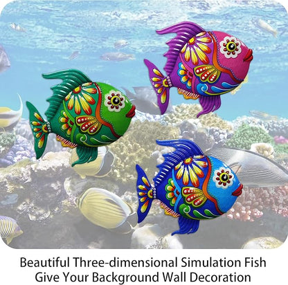 John's Studio Metal Fish Sea Wall Decor Outdoor Garden Hanging Art Sculptures Home Ocean Theme Decorations for Kitchen Bathroom and Pool - 3 PCS