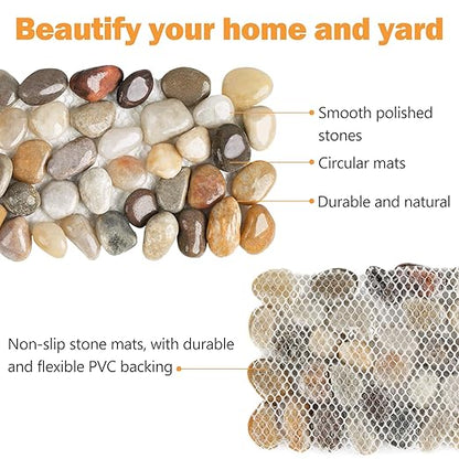 River Rock Stepping Stones Outdoor for Garden Walkway, 6 Pcs 16" L x 6" W Rectangle Shape Paver Step Stones Polished Pebble River Stone Mat for Yard Lawn Patio Pathway Walk Way - Multi-color