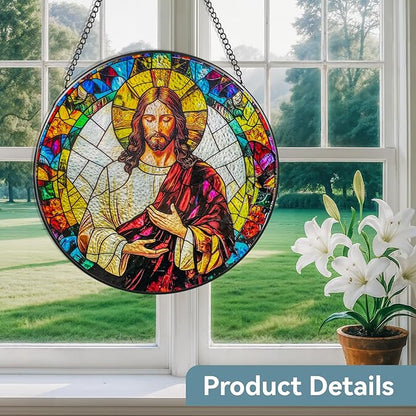 Suncatcher Stained Glass Window Hanging - Jesus Christ Glass Panel with Metal Chain and Hooks Handmade Sun Catcher Decoration for Window Garden Home Christmas & Birthday Gifts (6.3 Inch)