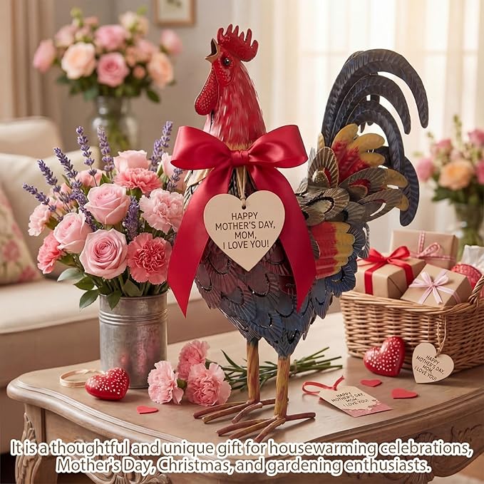 Zhengmy Metal Rooster Garden Statue Lifelike Colorful Metal Rooster Yard Decor Hand-Painted Iron Chicken Sculpture for Patio Lawn Backyard Farmhouse Outdoor Indoor Decoration (Red)
