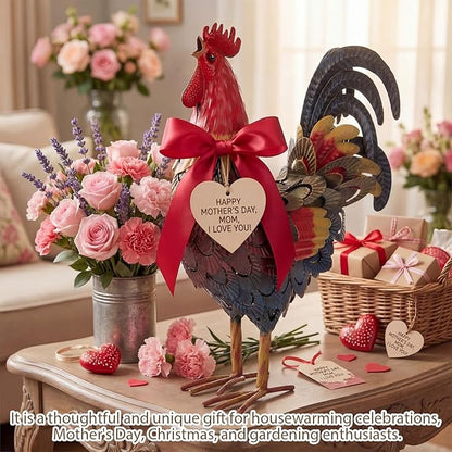 Zhengmy Metal Rooster Garden Statue Lifelike Colorful Metal Rooster Yard Decor Hand-Painted Iron Chicken Sculpture for Patio Lawn Backyard Farmhouse Outdoor Indoor Decoration (Red)