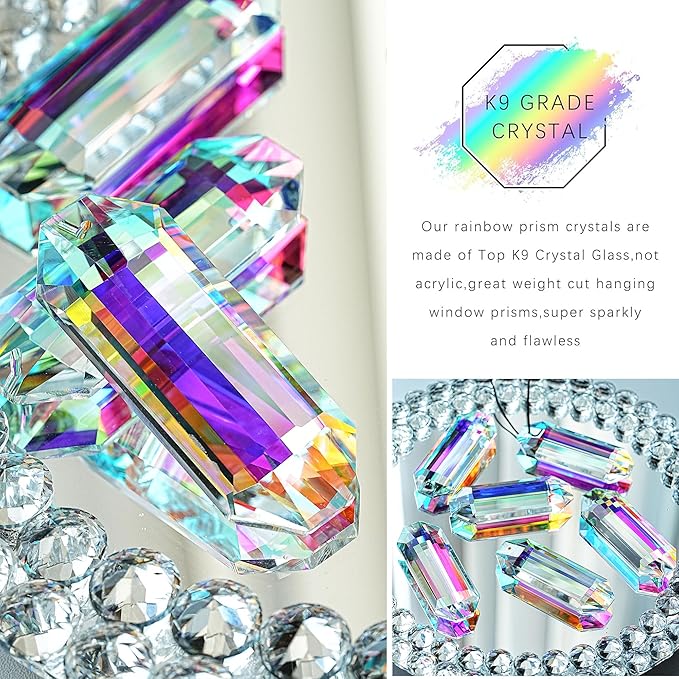 HDCRYSTALGIFTS 6 Pack 3'' Crystal Sun Catchers, Rainbow Maker Hanging Crytals for Windows Sticks Prism Suncatchers for Garden Home Decor Glass Ornaments for Christmas Tree