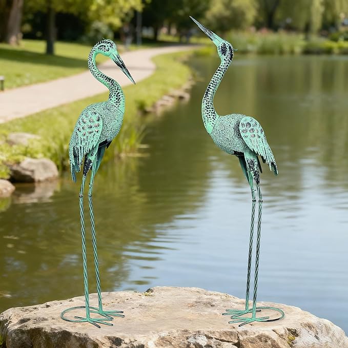 Large Garden Crane Statues & Sculptures - Metal Heron Sculpture Set with Lifelike Patina Bronze Metal Yard Art for Pond, Patio, Lawn - Heron Statue Unique Outdoor Decoration Gift for Women