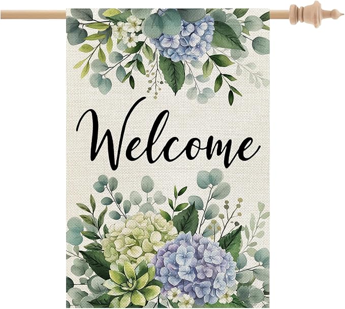 CROWNED BEAUTY Spring House Flag Hydrangea Eucalyptus Double Sided 28x40 Inches Large Burlap Welcome Holiday Seasonal Yard Decoration for Outside Porch