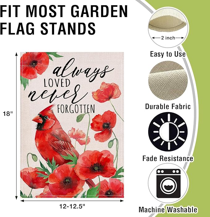 Artofy Spring Summer Cardinal Bird Memorial Small Decorative Garden Flag, Always Loved Never Forgotten Poppy Flower Yard Lawn Outside Decor, Cemetery Burlap Outdoor Home Decoration Double Sided 12x18