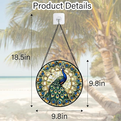 DASTOLL Stained Glass Window Hanging - Retro Peacock Decoration Suncatcher for Door Garden Home Bird Feather Sun Catchers Christmas Mother's Day Birthday Gifts for Women Men Mom Nana Friend 9.8 in