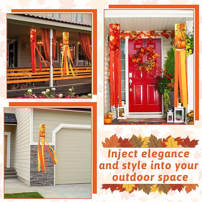 NOVWANG 2 Pieces 40 Inch Fall Windsocks，Pumpkin Maple Leaf Wind Socks for Outside Decor Hanging Flag for Home Garden Yard Wall Balcony Decoration