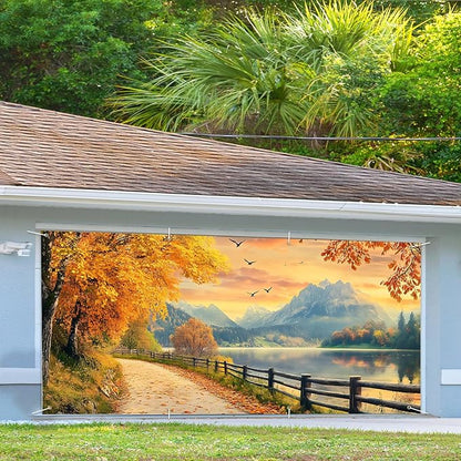 13x6 ft Autumn Country Road Garage Door Banner - Golden Fall Foliage Lane Backdrop, Hanging Garage Decor - for Thanksgiving Fall Festival Background, Rustic Outdoor Wall Art