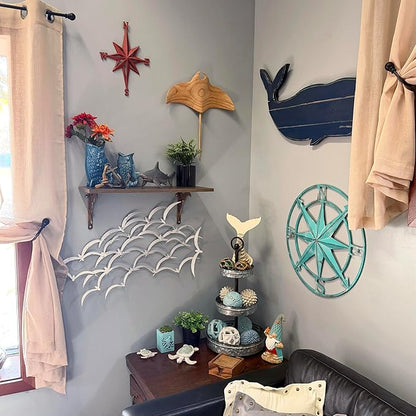 Zeckos 20.25 Inch Aqua Metal Compass Rose Wall Decor, Distressed Coastal Nautical Compass Star Round Wall Art for Entryway, Living Room, Bedroom, Hallway or Beach House