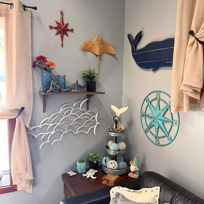 Zeckos 20.25 Inch Aqua Metal Compass Rose Wall Decor, Distressed Coastal Nautical Compass Star Round Wall Art for Entryway, Living Room, Bedroom, Hallway or Beach House