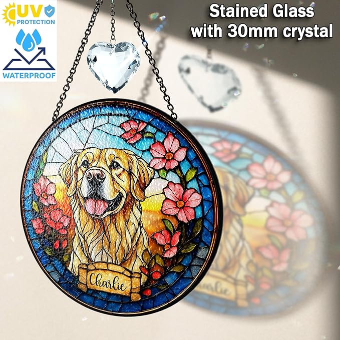 Personalized Pet Portrait Stained Glass Window Hanging, Sympathy Decoration Suncatcher for Loss of Dog, Cat Keepsake Bereavement Gift from Photo, Dog Memorial Suncatcher for Pet Lover, Kid