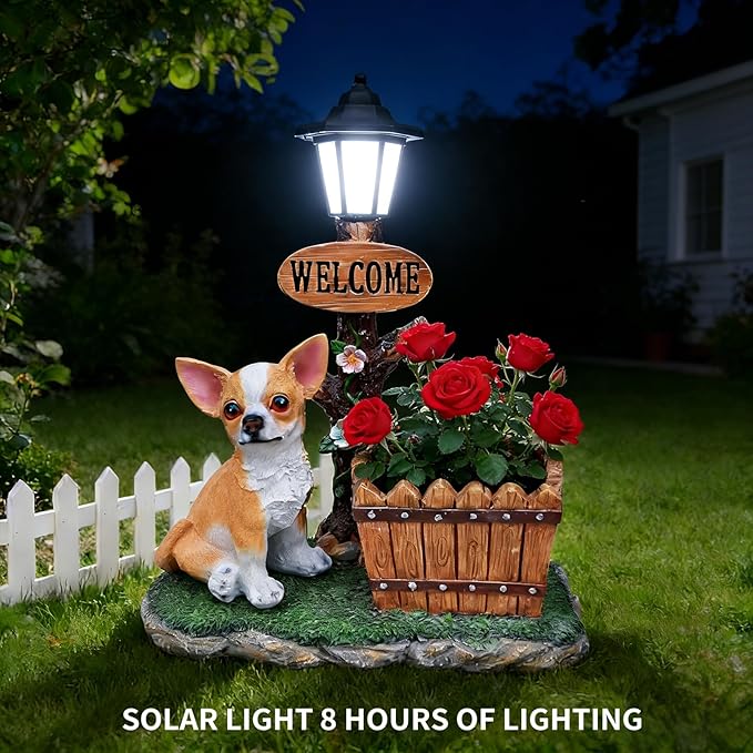 Solar Light Animal Outdoor Statue Planter with Welcome Sign, Resin Garden Sculpture Flower Pot for Patio Lawn Porch Yard Courtyard Decor, Weather-Resistant Decorative Figurine Accent (H)
