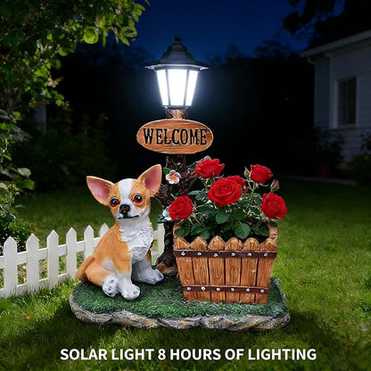 20" Solar Chihuahua Garden Statue with Welcome Sign & Planter - Large Dog Sculpture with LED Street Lantern - Weatherproof Resin Decorative Flower Pot for Porch, Yard & Patio - Pet Lover Gift
