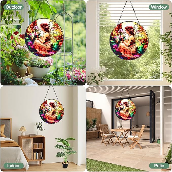 Butterfly Flower Fairy Stained Glass Window Hanging Suncatcher with Chain - 7.9" Outdoor/Indoor Art Decor for Home Garden,Wedding, Mother's, Valentine's, Birthday & Christmas Ornaments Present