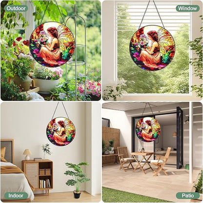 Butterfly Flower Fairy Stained Glass Window Hanging Suncatcher with Chain - 7.9" Outdoor/Indoor Art Decor for Home Garden,Wedding, Mother's, Valentine's, Birthday & Christmas Ornaments Present