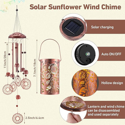 Retisee Sunflower Solar Wind Chimes Outdoor Metal Sunflower Teacher Appreciation Gifts Solar Light Windchimes Outside Indoors Christmas Decoration Birthday Gift for Home Lawn Porch Patio Garden Yard