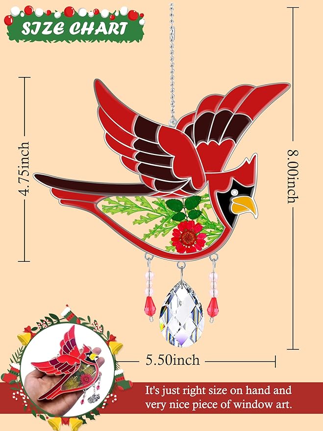 KY&BOSAM Crystal Cardinal SuncatcherStained Glass Hand Painted Color Sun Catcher for Windows Hangings Ornament with Pressed Flower and Heart Charm Gifts for Mom Mothers Day Birthday Christmas Decor