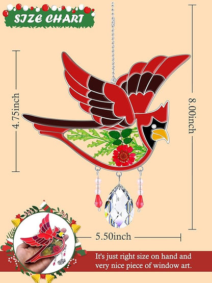 KY&BOSAM Crystal Cardinal SuncatcherStained Glass Hand Painted Color Sun Catcher for Windows Hangings Ornament with Pressed Flower and Heart Charm Gifts for Mom Mothers Day Birthday Christmas Decor