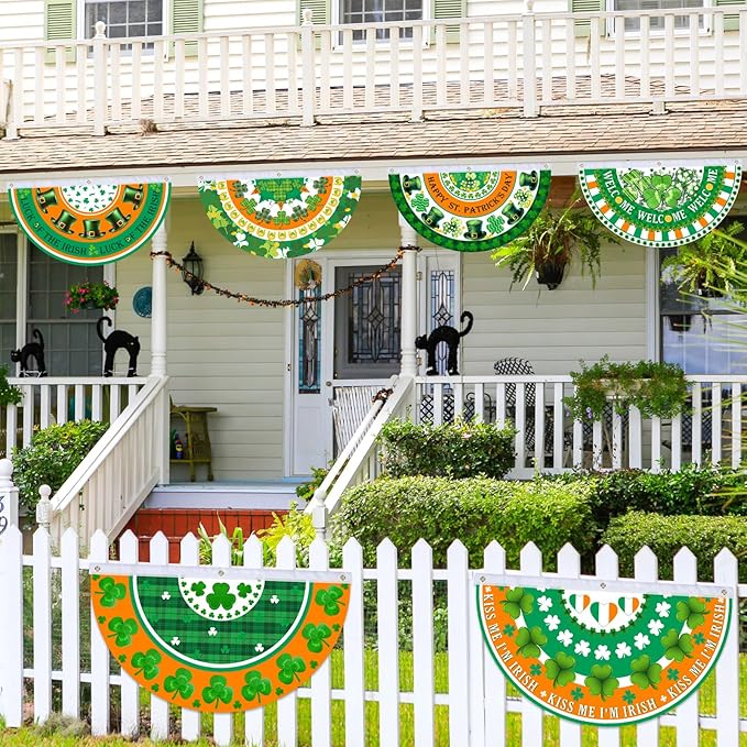6 Pcs St. Patrick Day Bunting Fan Flag Irish Shamrock Clover Bunting Flag Happy St. Patrick Day Garden Half Fan Banner Decoration Holiday Indoor Outdoor Yard Decor, 1.5 x 3 ft
