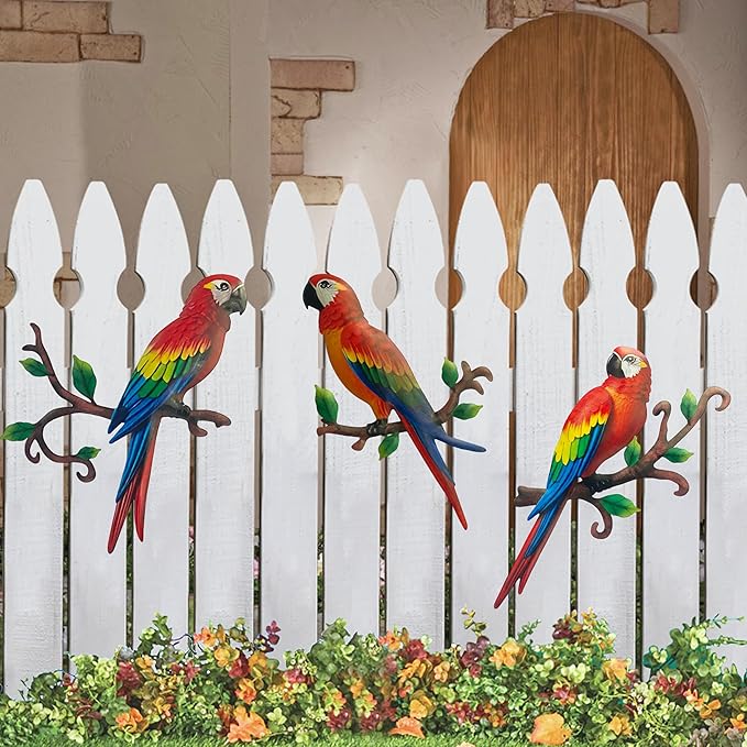 Limygus Metal Parrot Wall Art Decor, 3 Pack Colorful Tropical Bird Decorations, Hanging Outdoor Fence Artwork for Garden Yard Living Room Bedroom Balcony