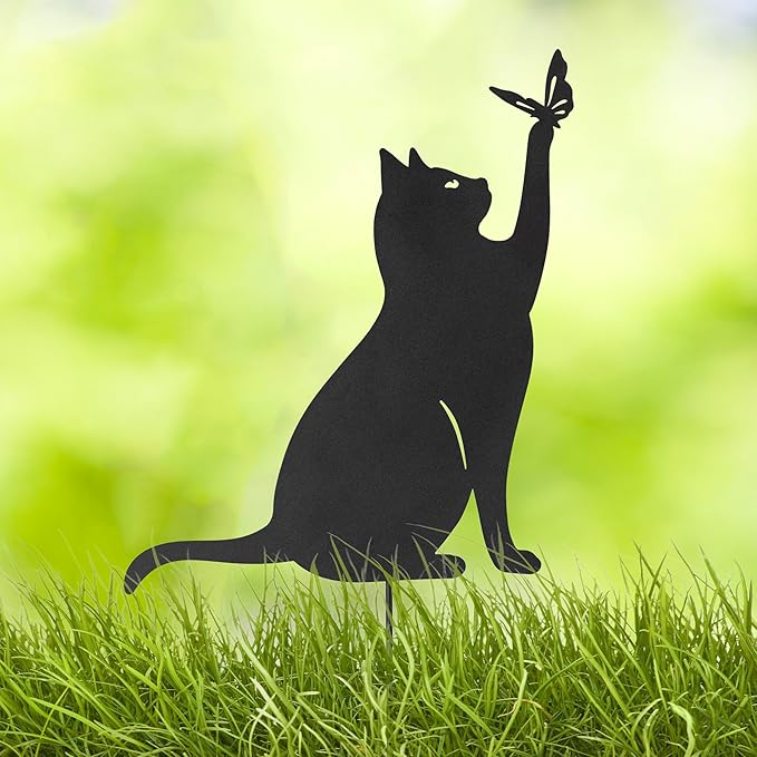 Glitzhome Metal Cat Decorative Garden Stakes, Lifelike Black Silhouette Die-Out Cats Spring Garden Yard Art 2-in-1 Design for Yard Stake or Wall Decor, 3 Packs