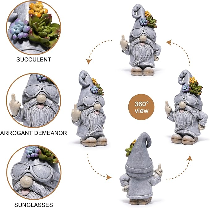 basen Funny Garden Gnome Statue, Resin Outdoor Lawn Yard Decor, Cool Sunglasses Gnome Figurine with Succulent Hat Accent, Weatherproof Patio Porch Backyard Decoration, Unique Gift Idea