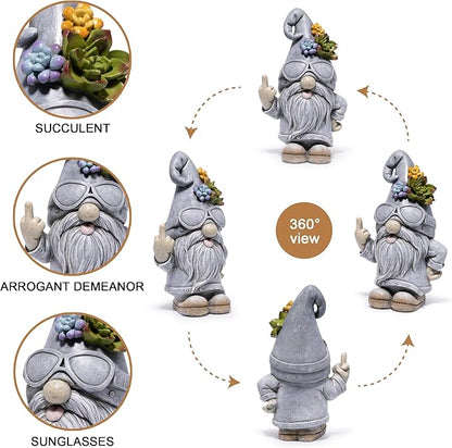 basen Funny Garden Gnome Statue, Resin Outdoor Lawn Yard Decor, Cool Sunglasses Gnome Figurine with Succulent Hat Accent, Weatherproof Patio Porch Backyard Decoration, Unique Gift Idea