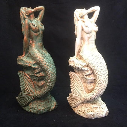 homestyles 16 in. Large Sexy Mermaid Sitting on Coastal Rock Beach Nautical Garden Statue in Bronze Patina Pool Patio Lawn Statue