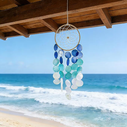 Wind Chimes for Outside Handcrafted Blue Dream Catchers Capiz Shells Seashell Sea Glass Arts Windchime Beach Coastal Crafts Garden Decor Gardening for Women Patio Finds