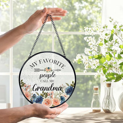 Grandma Gifts Suncatchers Stained Glass Window Hanging, Grandmother Gifts for Mother's Day, My Favorite People Call Me Grandma Sun Catchers Indoor Window, 7.9x7.9in