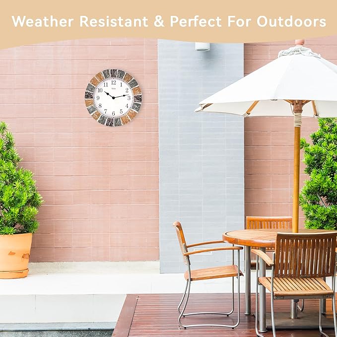 Lily's Home 10 inch Indoor or Outdoor Wall Clock Stone Frame Battery Operated Quartz Movement, Operated Decor for Family Room, Office, Game Room,Garden, Backyard, Pool