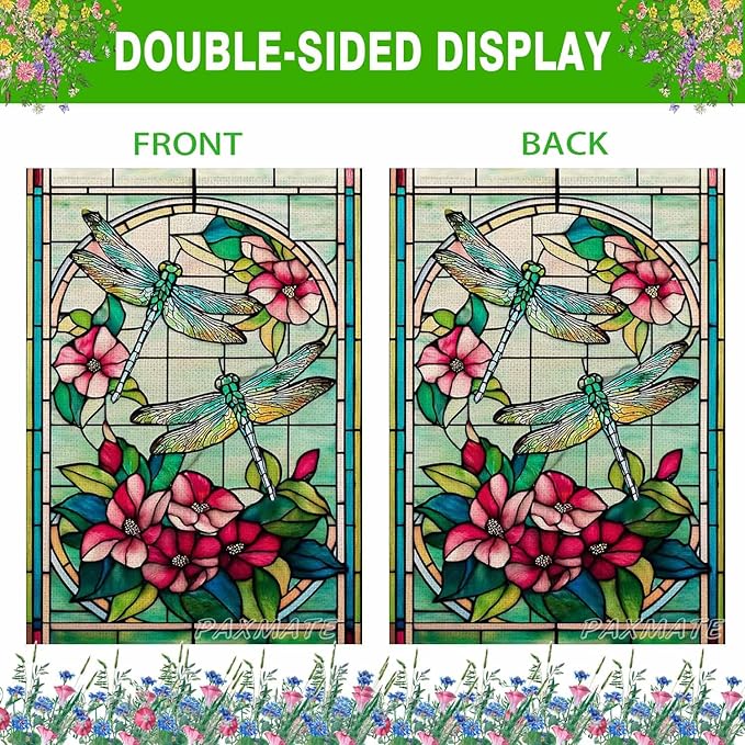 Spring Summer Dragonfly House Flag 28x40 Inch Double Sided, Stained Glass Dragonfly Floral Outdoor Flag Colorful Flower Large Yard Flag Seasonal Lawn Porch Farmhouse Decor