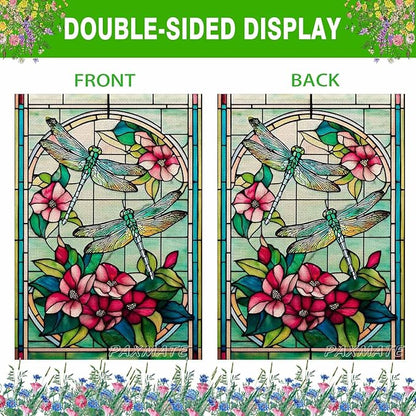 Spring Summer Dragonfly Garden Flag 12x18 Inch Double Sided, Stained Glass Dragonfly Floral Garden Flag for Outside, Colorful Flower Yard Flag Outdoor Lawn Porch Farmhouse Decor