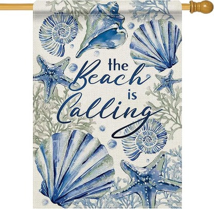 Dyrenson Spring Summer The Beach is Calling 28 x 40 House Flag Double Sided, Coastal Conch Starfish Coral Pearl Garden Yard Decorations, Nautical Seasonal Burlap Outdoor Decor Decorative Large Flag