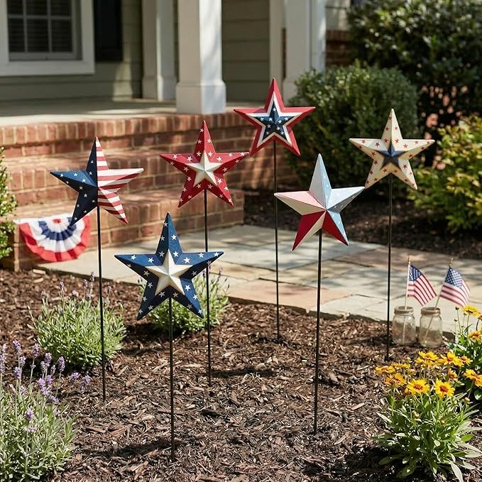 4th of July Decorations Outdoor 19" Metal Barn Star 6-Pack, Patriotic Outdoor Decorations, Rustic Iron Decorative Garden Stakes with American Flag Stars for Yard Patio Lawn