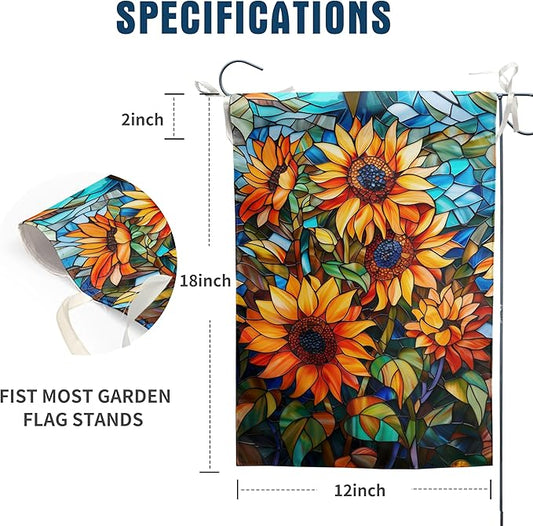 Fall Sunflower Garden Flag 12x18 Double Sided Small Autumn Flags for Outside Thanksgiving Outdoor Flag Stained Glass Floral Yard Flags Fall Porch Lawn Flags Decorative