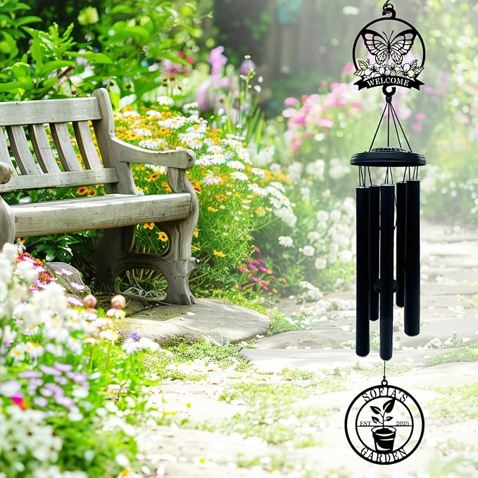 Personalized Wind Chime with Welcome Garden Sign, Custom Wind Chime for Mom Grandma