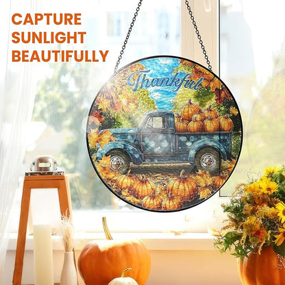 FLAGWIX Fall Decorations for Home - Tractor Stained Glass Window Hanging 8in - Sun Catchers Indoor Window, Fall Gifts for Women Men, Thanksgiving Decorations Suncatcher, Thanksgiving Gifts for Mom Dad