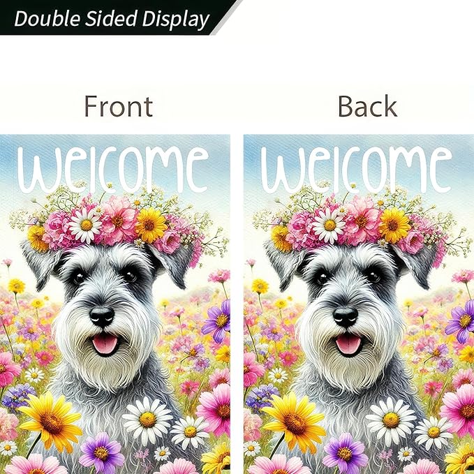 BlissYard Welcome Spring Summer Garden Flag 12 X18 Inch Double Sided FlowersDog Schnauzer Decorative Garden Flag Puppy Floral Seasonal Home Decor Banner for Oursid Outdoor Spring Garden Decor