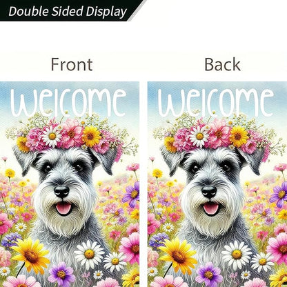 BlissYard Welcome Spring Summer Garden Flag 12 X18 Inch Double Sided FlowersDog Schnauzer Decorative Garden Flag Puppy Floral Seasonal Home Decor Banner for Oursid Outdoor Spring Garden Decor