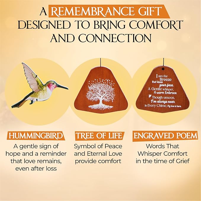 32 Inch Hummingbird Memorial Wind Chimes Outdoor, Sympathy Gifts for Loss of Loved One, Memorial Gifts for Loss of Mom, Sympathy Wind Chimes for Mother, Father, Brother, Sister
