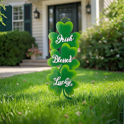 Glitzhome St Patricks Day Yard Signs Outdoor Decorations, 36.75"H Metal Shamrock Garden Stakes Set of 3, Green Shamrock Sign Decor for Irish Outside Lawn Porch