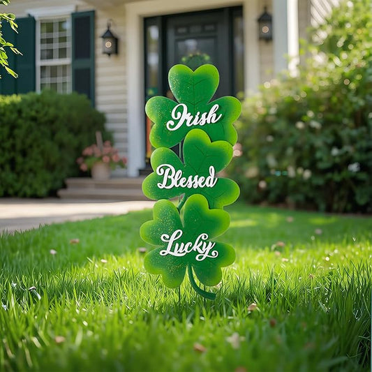 Glitzhome St Patricks Day Yard Signs Outdoor Decorations, 36.75"H Metal Shamrock Garden Stakes Set of 3, Green Shamrock Sign Decor for Irish Outside Lawn Porch
