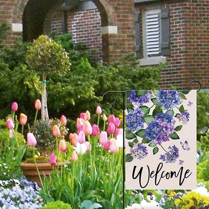 Welcome Spring Hydrangea Decorative Garden Flag, Purple Floral Flowers Butterfly Yard Outside Decorations, Summer Farmhouse Outdoor Small Home Decor Double Sided 12 x 18