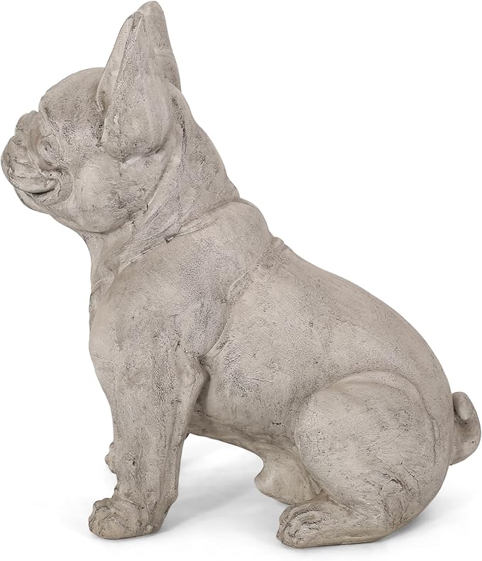 Merax French Bulldog Garden Statue - Outdoor Cast Stone Decor, Rustic White Finish, Weather-Resistant Patio or Yard Art, No Assembly Required