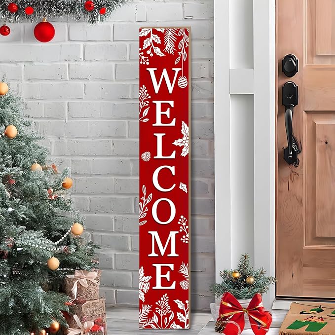 Christmas Porch Sign Xmas Welcome Sign Vertical Standing Sign For Front Porch Decor Farmhouse Wall Hanging for Patio Yard Party Indoor Outdoor Winter Holiday Decoration 47.2"H Red