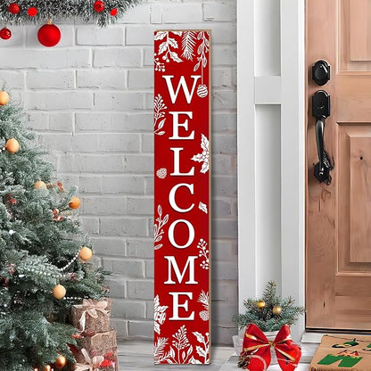 Christmas Porch Sign Xmas Welcome Sign Vertical Standing Sign For Front Porch Decor Farmhouse Wall Hanging for Patio Yard Party Indoor Outdoor Winter Holiday Decoration 47.2"H Red
