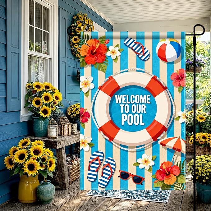 BlissYard Welcome To Our Pool Garden Flag 12x18 Double Sided Vertical Outdoor Summer Poolside Decor Beach Tropical Yard Lawn Patio Pool Party Banner