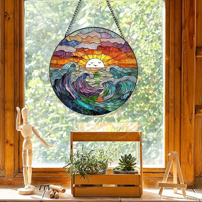 Stained Glass Window Hanging, Sea Waves and Clouds Suncatcher for Window Door Garden Home Decor, Sunset on The Beach and Ocean Scenery Glass Panel Ornaments for Women,Men,Wife, Lovers, and Mom 7.8 in