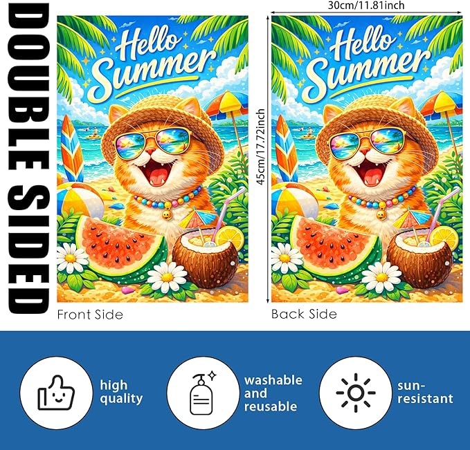 Nuxovilar Hello Summer Garden Flag Polyester 12x18 Inches Garden Flags for Outside Coastal Outdoor Decor Yard Porch Lawn (Beach Cat & Coconut Pattern)